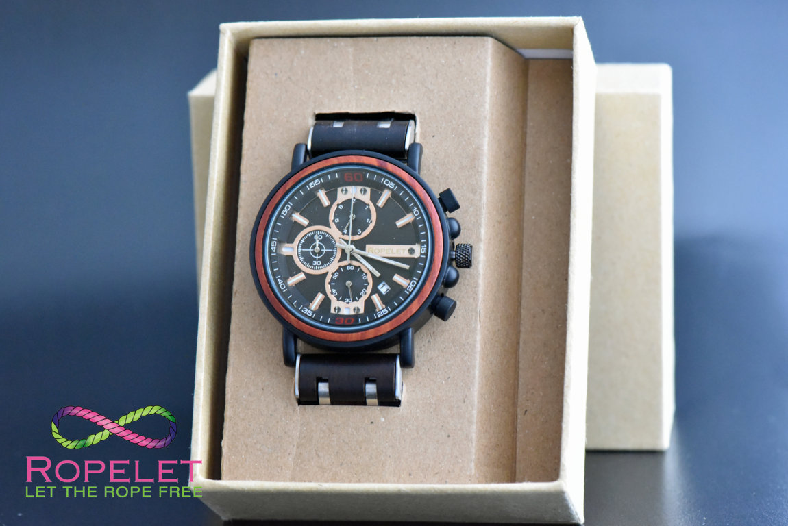 Wood and stainless chronograph watch from www.ropelet.co.uk with gift box , watch style, watch gift, mens, watch , chronograph, wooden watch