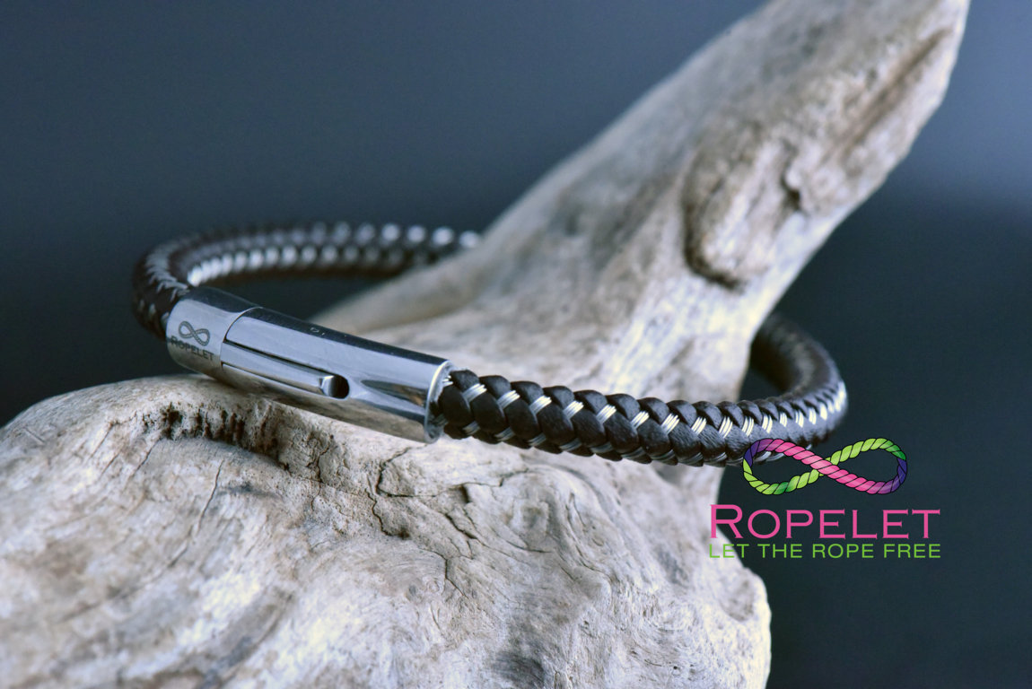 Black leather and silver stainless steel Ropelet, made to your wrist size and choices at www.ropelet.co.uk #ropelet #bracelet #mensbracelet #blackleatherbracelet #blackleather #mensjewelry #mensgift