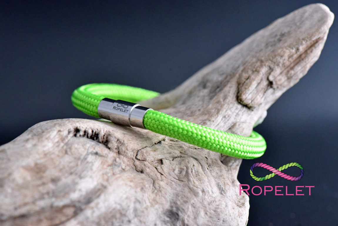 Neon green Ropelet made from recycled PET bottles at www.ropelet.co.uk #recycledbracelet #recycledfashion #plasticrecycling