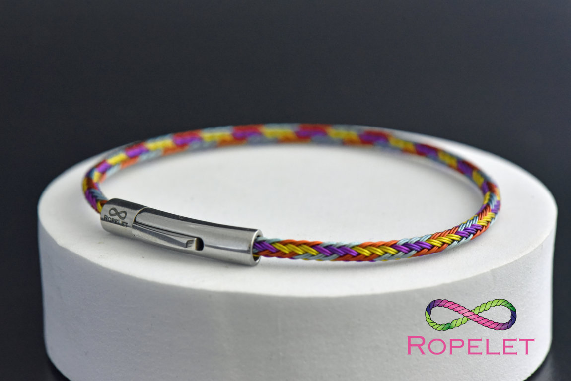 Multicolour 3mm staibnless steel braid bracelet by Ropelet, UK made with a choice of stainless steel clasps